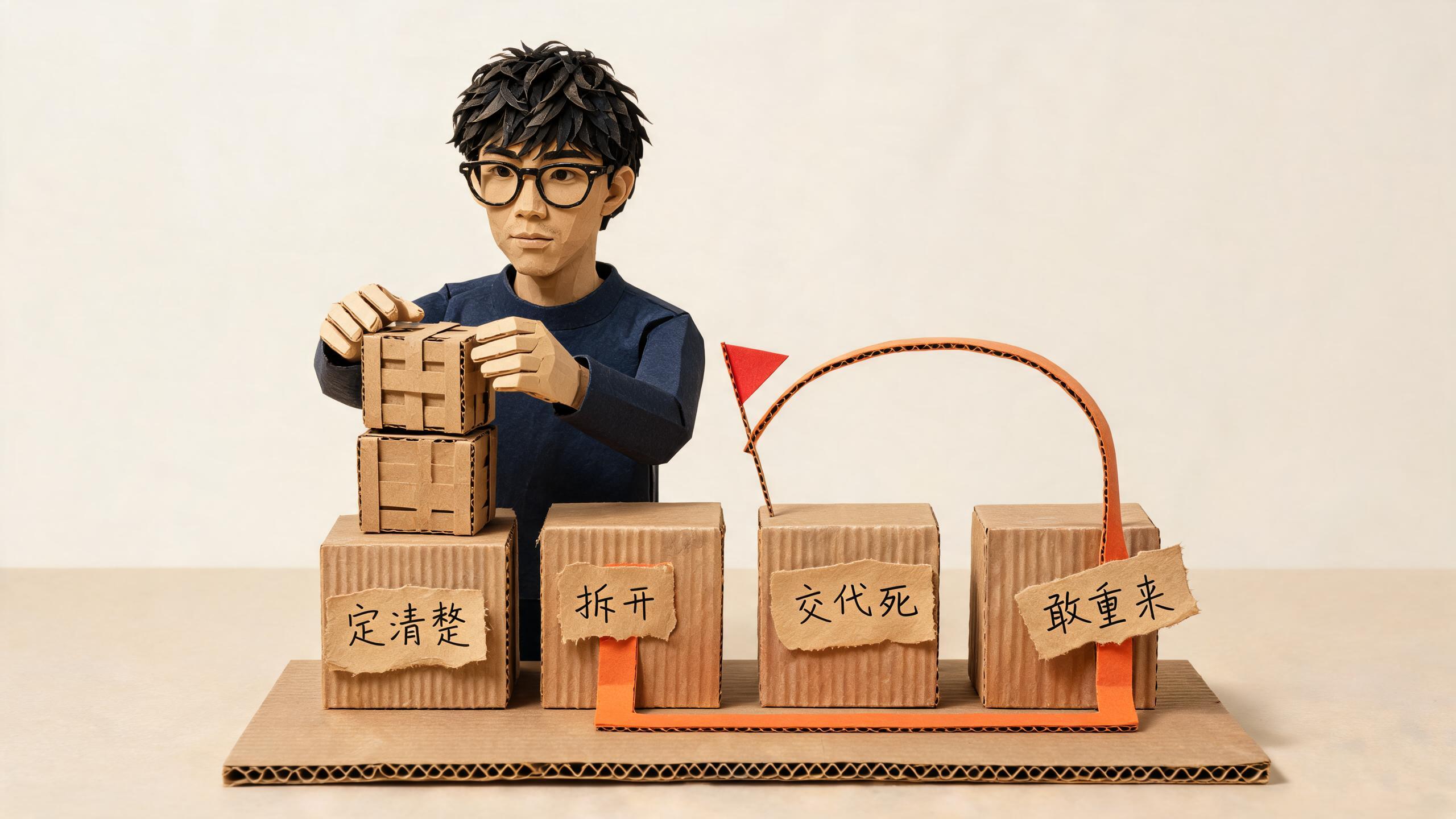 他往最左那站的箱堆顶上码一个方块,底板四个箱子从左到右标着「定清楚」「拆开」「交代死」「敢重来」,橙色纸带从第二站绕到最后一站