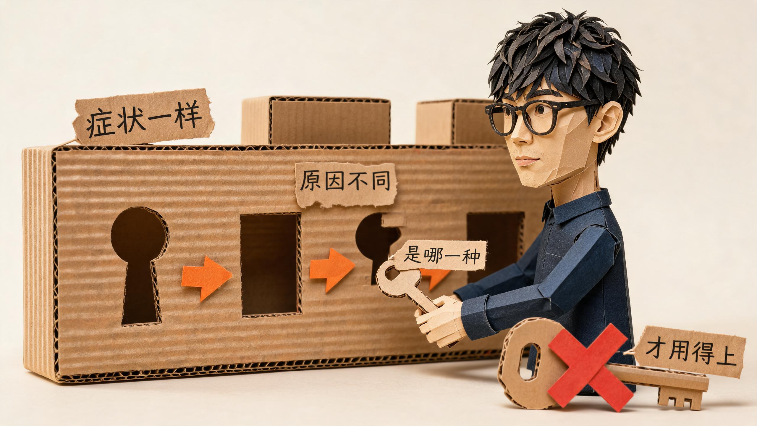 他拿钥匙往第三个锁孔里试,箱面三个孔之间连着橙箭头;左上贴着「症状一样」,中间「原因不同」,试的那个孔旁「是哪一种」,桌上一把打红叉的钥匙旁写着「才用得上」