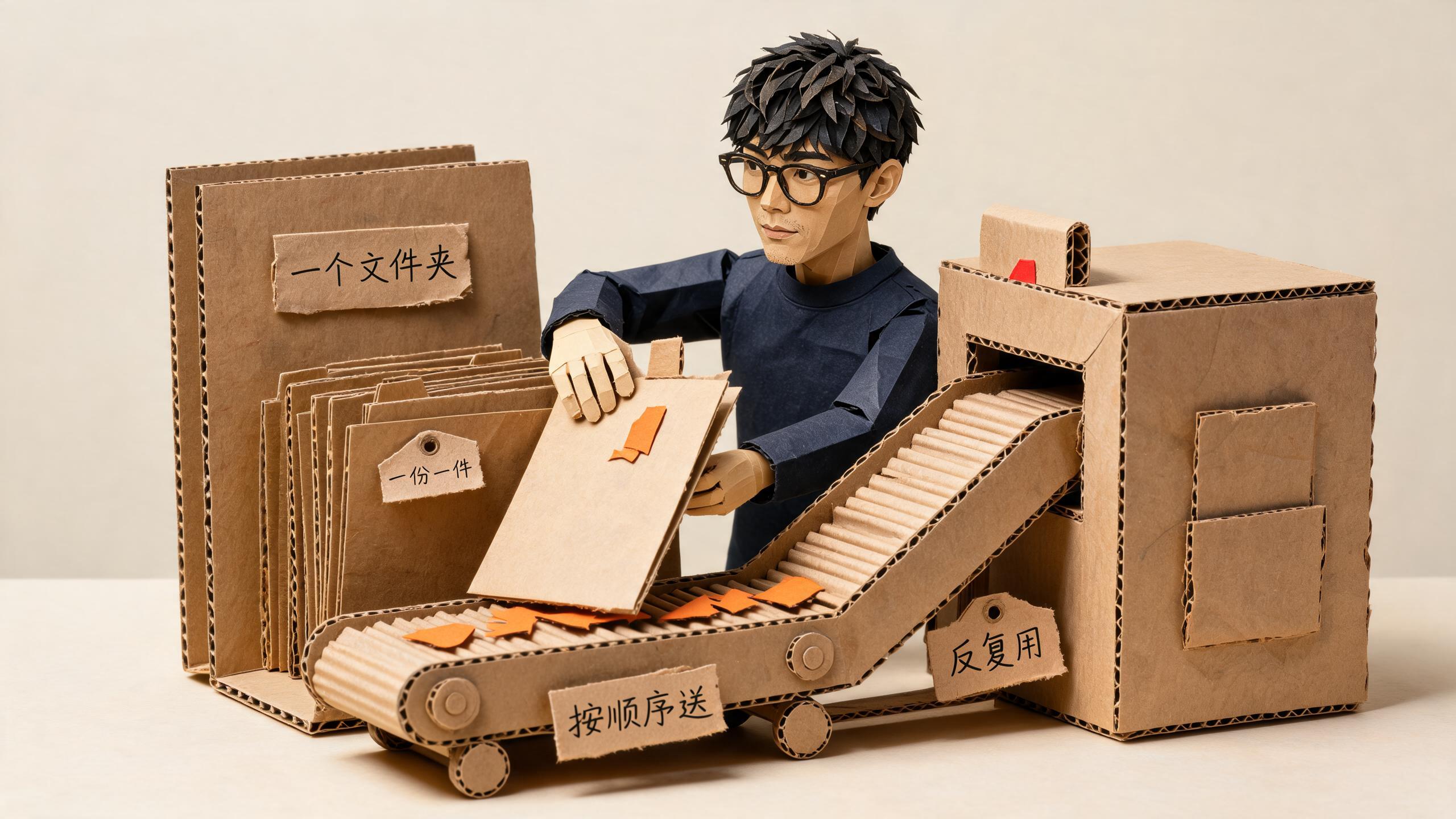 他把一块文件板放上传送带送进右边那台机器,左边立柜标着「一个文件夹」,柜里一份文件挂着「一份一件」,传送带上写着「按顺序送」,机器旁「反复用」