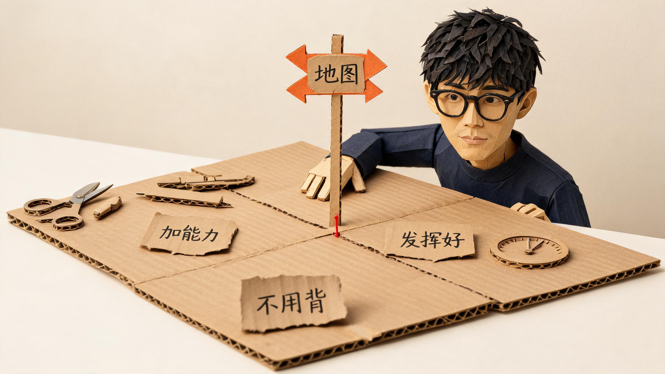 他把写着「地图」的橙翼路标插进分成四格的纸板地图中央;左边那格摆着「加能力」,右边摆着「发挥好」,底下那格躺着「不用背」,旁边搁着剪刀