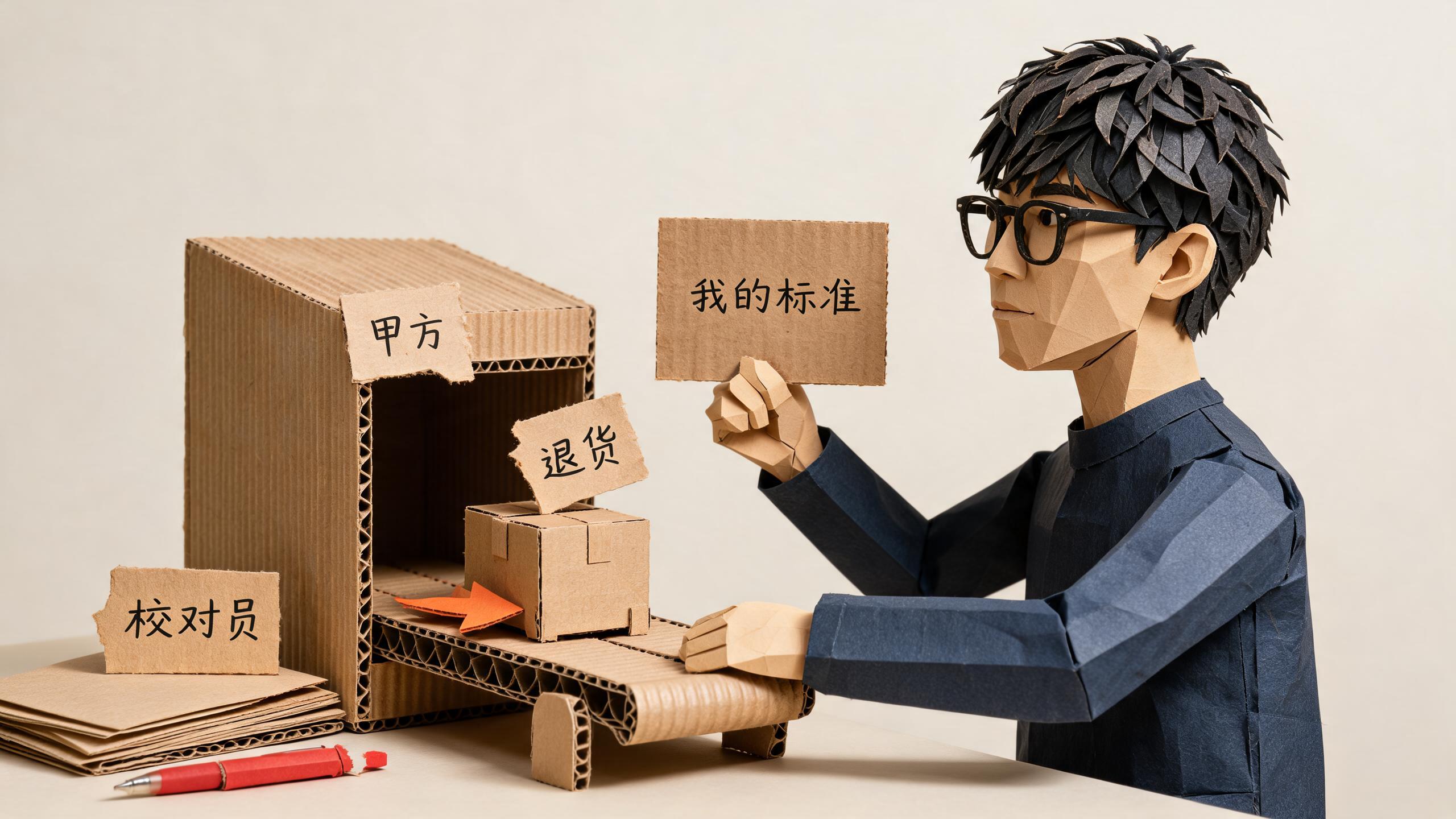 他一手举着「我的标准」那块牌,一手把贴了「退货」的箱子按回传送带推回验收口;左边那摞被逐字圈改过的纸摊在桌上,红笔断成两截扔在旁边
