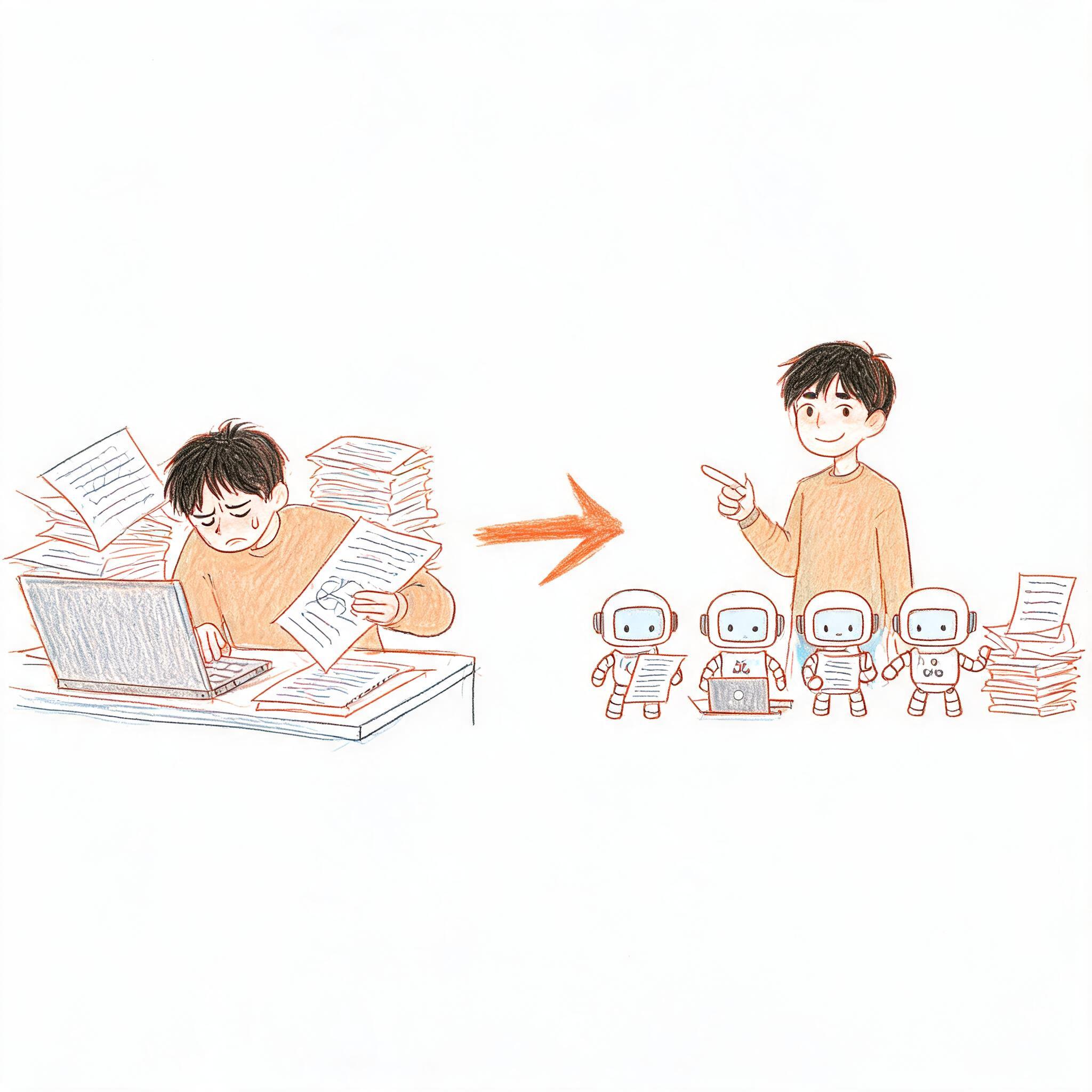 图片展示了一个人在电脑前工作,桌上堆满了文件,显得很忙碌。旁边有四个机器人,其中一个机器人手里拿着文件,似乎在向工作中的那个人介绍或展示什么。图片通过对比人类和机器人处理文件的场景,与上下文提到的“明明能交给AI还非要亲手吭哧吭哧干”相呼应,形象地说明了在AI时代,人类应学会将部分工作交给AI,以提高效率。