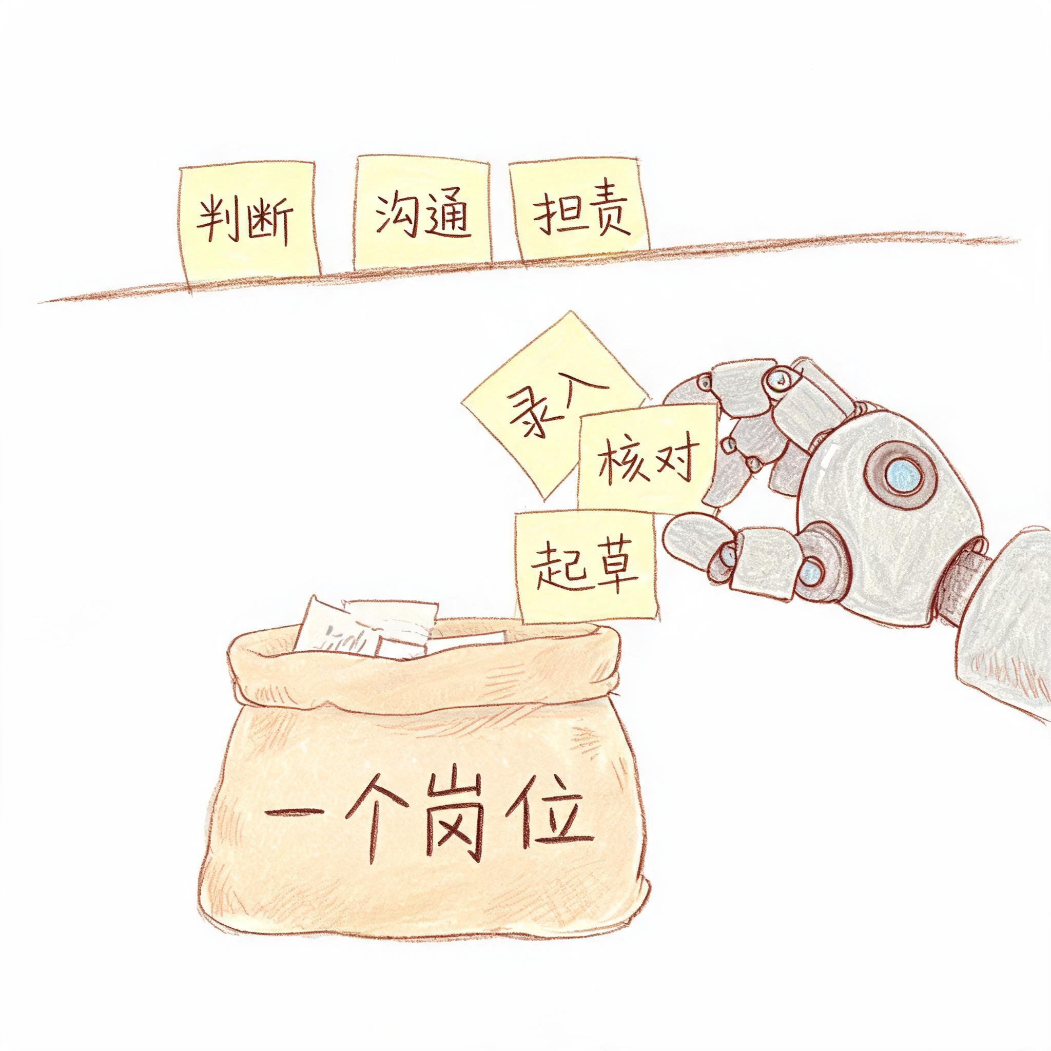 这张图呼应了文档中AI拆解岗位任务的内容:画面里标注“一个岗位”的麻袋上方,机械手臂正将标有“录入”“核对”“起草”的便签放入袋中,而上方的便签栏已排列着“判断”“沟通”“担责”的内容。它直观呈现了AI吞噬重复类岗位任务,同时将需要判断、沟通、担责的更具价值的任务留给人的核心逻辑,和文档阐释的“AI啃掉重复活,将高价值任务顶到台前”的观点完全契合。