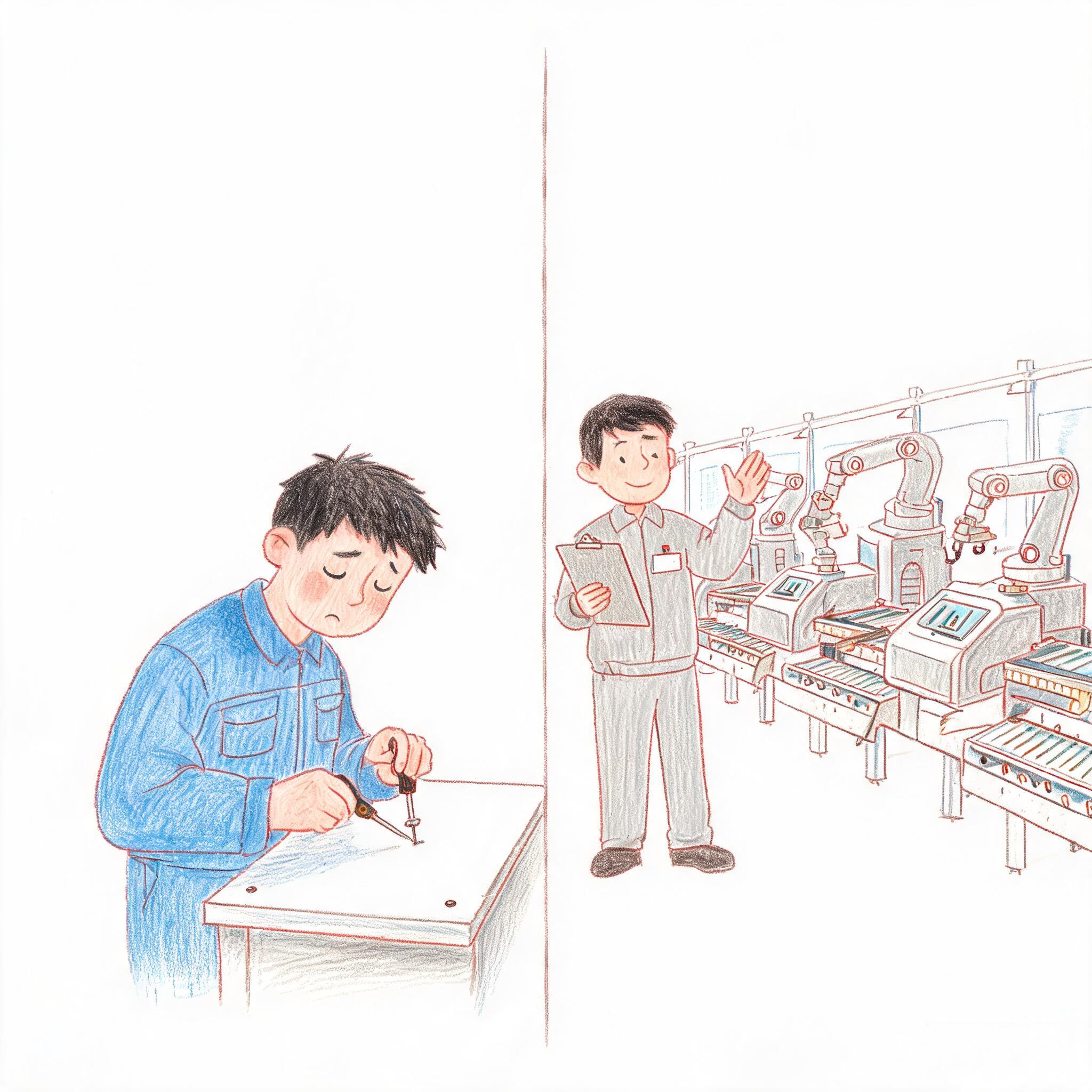 图片左侧是一位正在专注工作的工人,他穿着蓝色工作服,低头在桌面上画图。右侧是一位站在流水线旁的线长,他穿着浅色工作服,手持文件,面带微笑,似乎在指挥或检查工作。此图与上下文紧密相关,通过对比流水线工人和线长的工作状态,直观呈现了流水线工作中的分工与协作,以及线长在自动化流水线中更为关键的角色,强调了线长在机器越自动时越值钱这一反直觉观点。