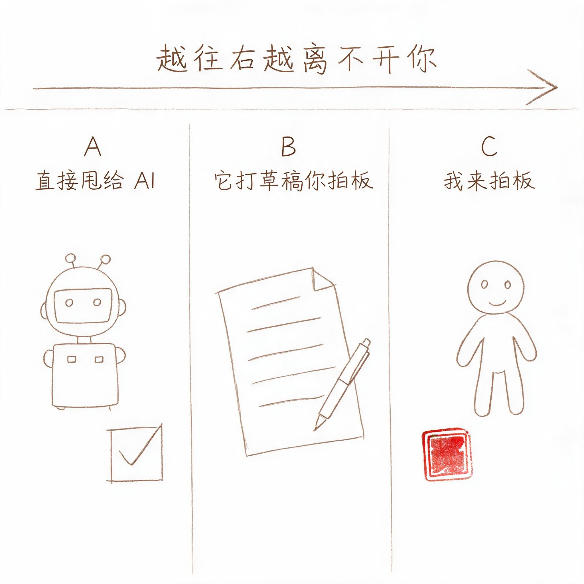 图片展示了“越往右越离不开你”的内容,分为A、B、C三栏。A栏是“直接甩给AI”,配有机器人和打勾图标;B栏是“它打草稿你拍板”,有纸张和笔的图案;C栏是“我来拍板”,有印章和人形图案。这与上下文“切完,你手上每件事都会落进下面这三栏里的一栏”相呼应,直观呈现了不同任务处理方式,帮助理解如何合理分配任务。