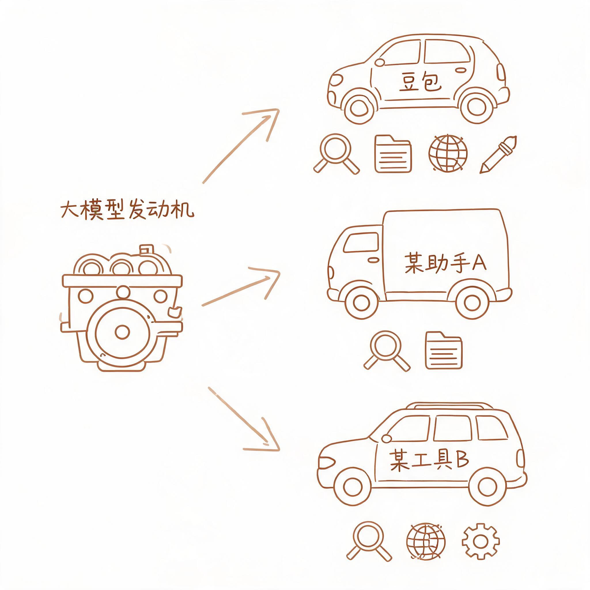 图片展示了大模型发动机与不同工具车的关系。左侧是大模型发动机,中间有三辆工具车,分别为豆包、某助手A和某工具B。豆包车配有放大镜、文件夹、地球仪和铅笔;某助手A车配有放大镜和文件夹;某工具B车配有放大镜、地球仪和齿轮。这与上下文提到的“AI”共用一台发动机,但因所配工具不同而表现差异相呼应,直观呈现了“AI”好用与否的两个影响因素。