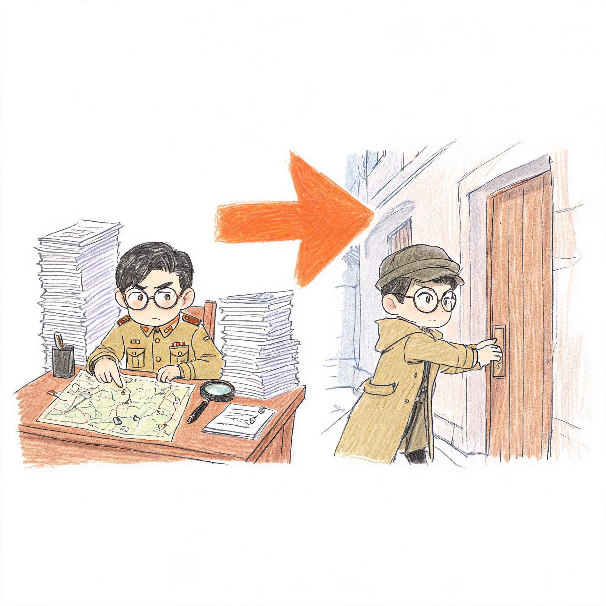 图片展示了“参谋”和“特工”的形象对比。左侧是身着军装、戴眼镜的“参谋”,坐在桌前,桌上堆满文件,面前放着地图和放大镜,似乎在思考。右侧是同样身着军装、戴眼镜的“特工”,站在门外,正要敲门。画面中有一只橙色箭头指向“特工”处。这与上下文提到的AI从“参谋”升级为“特工”,能自己出门、开车、敲门、把事办完等内容相呼应,直观呈现了AI能力的变化。