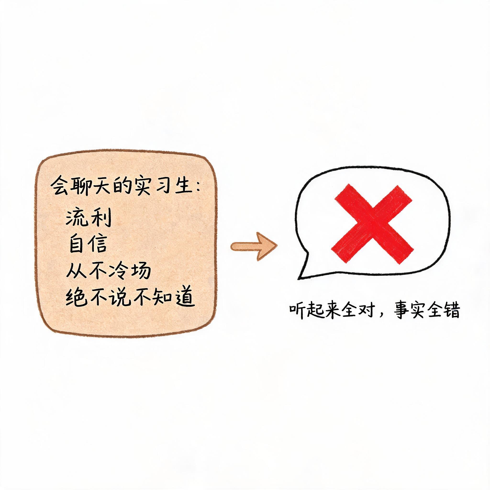 图片展示了“会聊天的实习生”的特点及结果。左侧方框内写着“会聊天的实习生:流利、自信、从不冷场、绝不说不知道”。右侧是一个带有红色叉号的对话框,下方文字为“听起来全对,事实全错”。该图与上下文紧密相关,通过类比说明豆包在聊天时的状态,即流利自信、从不冷场,但给出的信息可能是错误的,强调在使用时要保持“待核实”的心态,不能直接相信其提供的信息。
