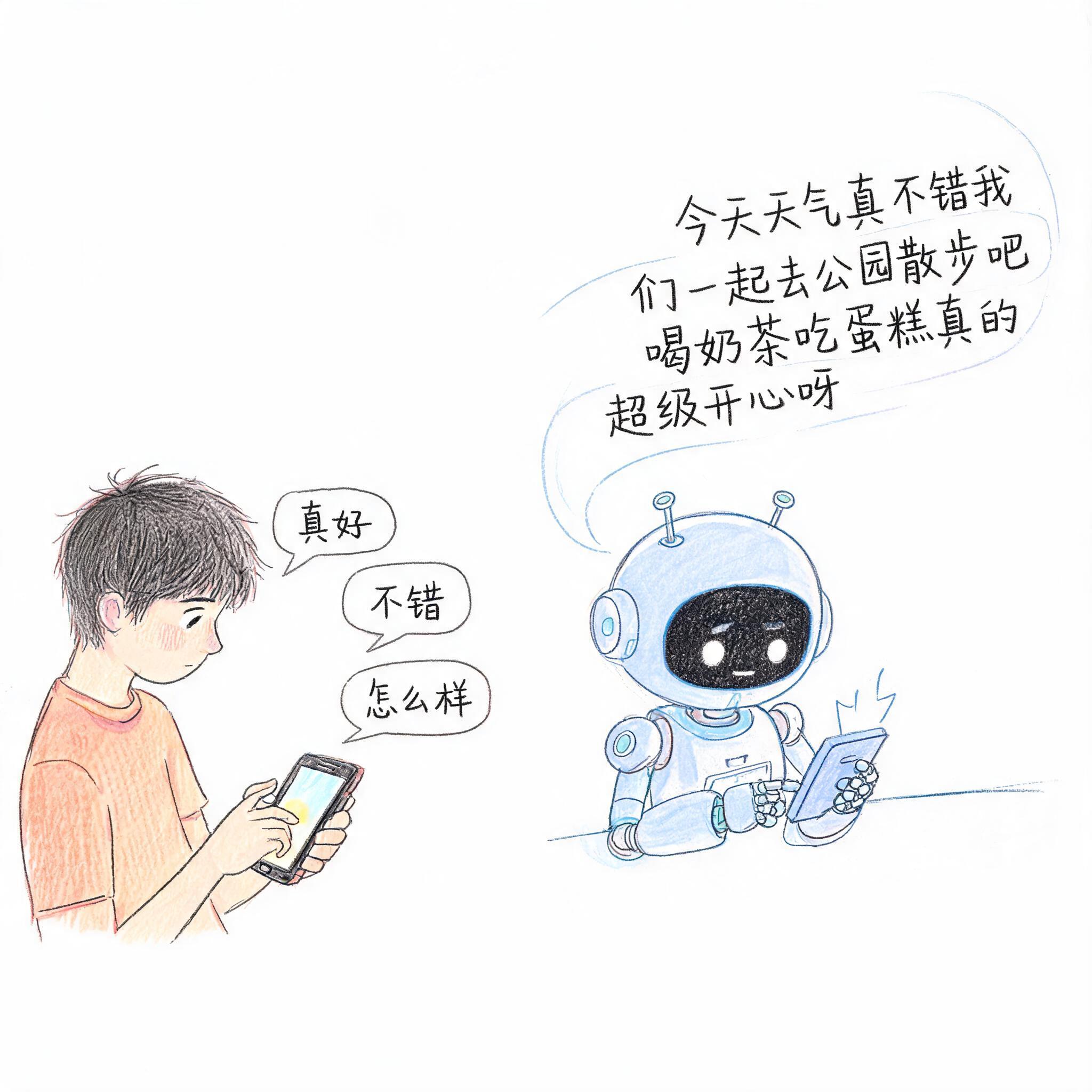 图片展示了一位手持手机的男孩与机器人对话的场景。男孩说“真好”“不错”“怎么样”,机器人则回应“今天天气真不错我们一起去公园散步吧喝奶茶吃蛋糕真的超级开心呀”。画面中机器人头顶有类似天线的装饰,手机屏幕显示“真好”“不错”“怎么样”。该图与上下文紧密相关,通过男孩与机器人对话,直观呈现了AI“接话茬接到神乎其神”的能力,与上文提到的AI能一个字一个字接着猜,猜出一整段、一整篇且逻辑通顺的内容相呼应。