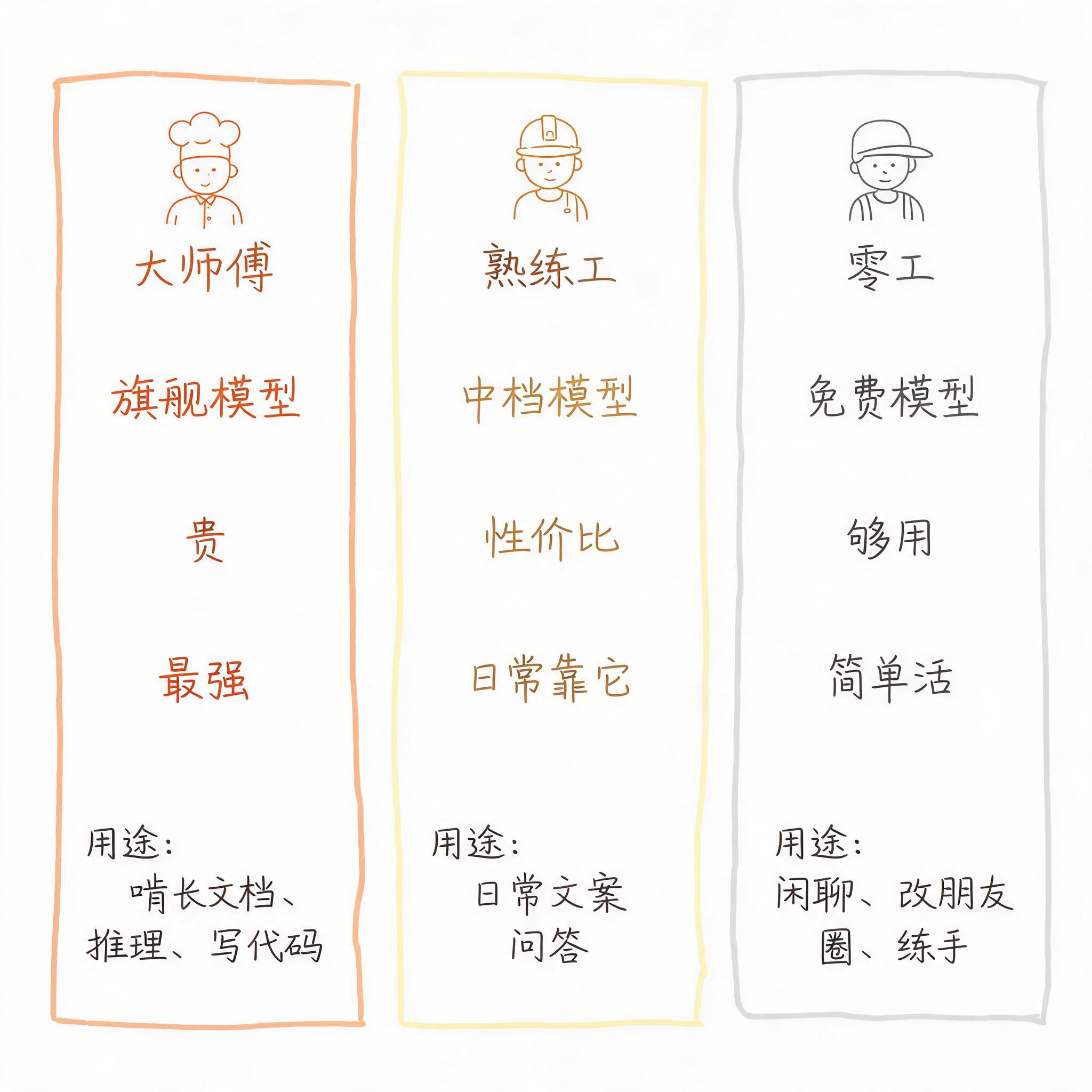 图片展示了三种模型的类型及用途。左侧为大师傅,代表旗舰模型,贵且最强,适用于啃长文档、推理、写代码等用途;中间是熟练工,为中档模型,性价比高,日常文案问答等日常文案靠它;右侧是零工,即免费模型,够用且简单,闲聊、改朋友圈、练手等用途。图片通过形象的图标和文字说明,直观呈现了不同模型的特点及适用场景,与上下文关于模型选择的比喻相呼应。