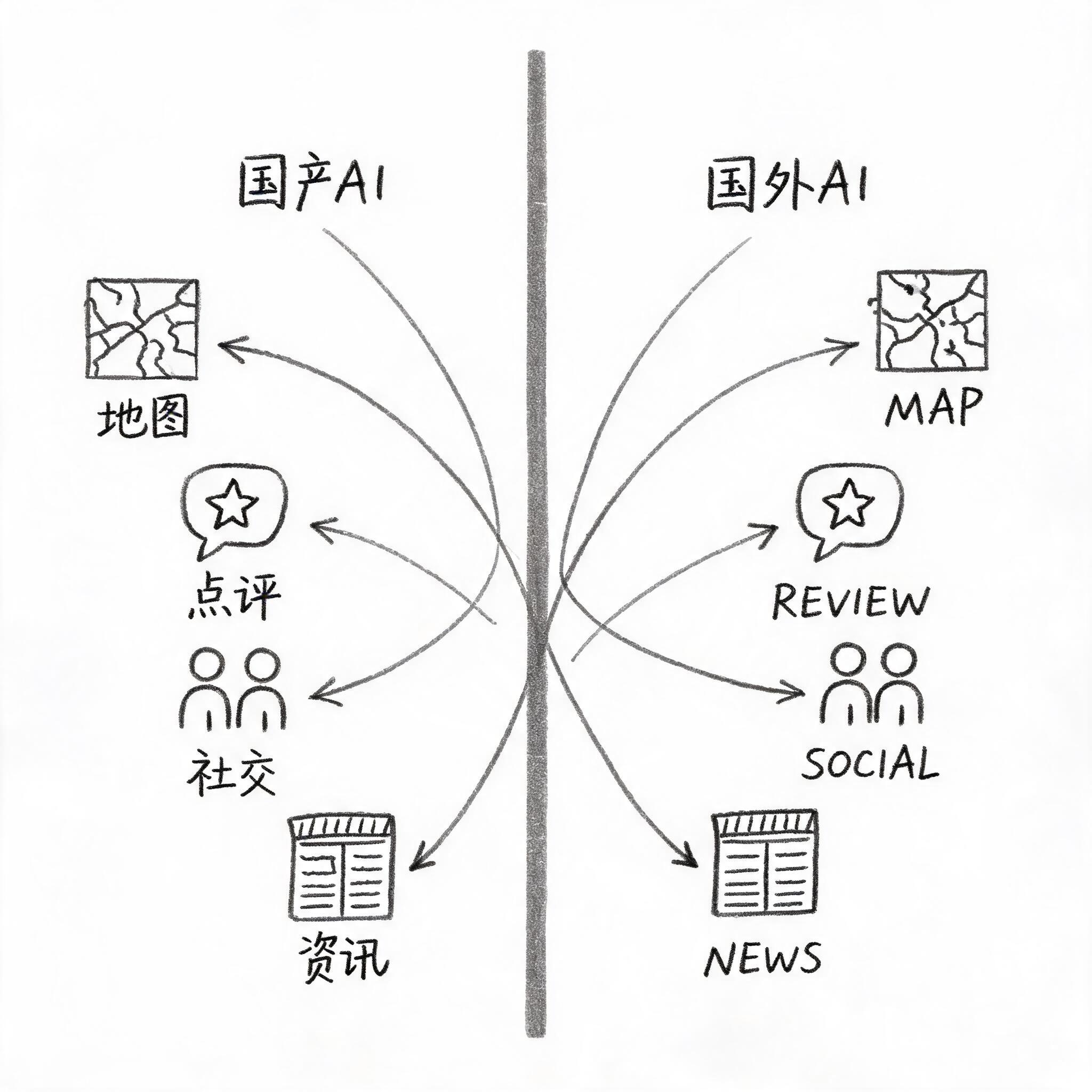 图片展示了国产AI和国外AI在地图、点评、社交、资讯等领域的应用对比。左侧为国产AI,右侧为国外AI。地图、点评、社交、资讯领域,国产AI与国外AI均有应用,但国外AI在MAP、REVIEW、SOCIAL、NEWS领域有更广泛的应用。该图与上下文紧密相关,直观呈现了国产AI和国外AI在不同领域的应用差异,呼应了文档中关于两者在查实时信息、看本地资讯、查英文论文、写英文邮件等方面的对比内容。
