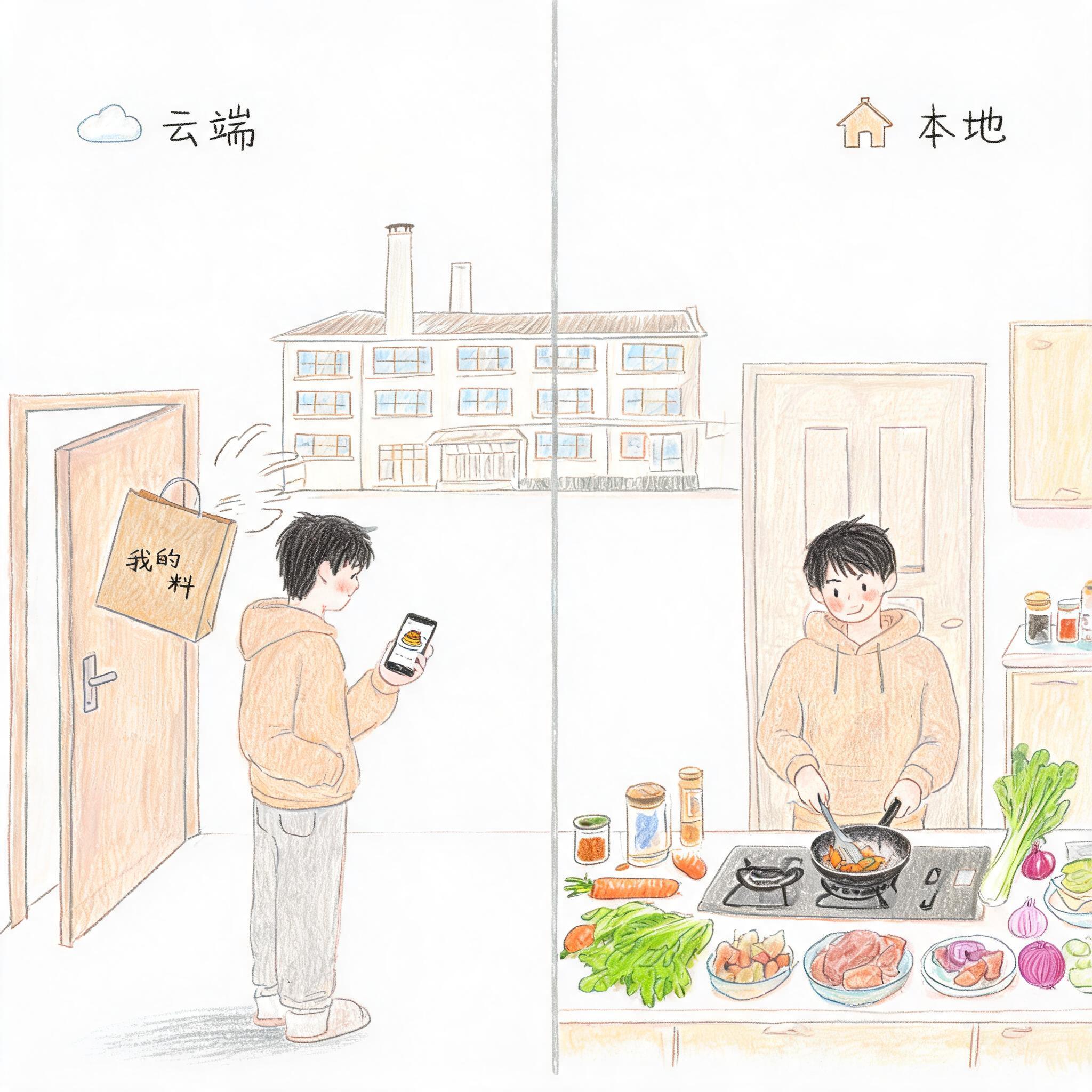 图片以插画形式呈现,分为“云端”和“本地”两部分。左侧“云端”场景中,一个人手持手机,手机屏幕上显示“我的料”,背景为一座建筑,上方有“云端”字样。右侧“本地”场景中,一个人在厨房操作,灶台上摆放着食材,如胡萝卜、洋葱等,上方有“本地”字样。该图与上下文内容对应,直观展示了叫外卖(云端)和自己家厨房(本地)两种模型运行方式的区别,前者模型在厂商大机房,后者模型在个人电脑。