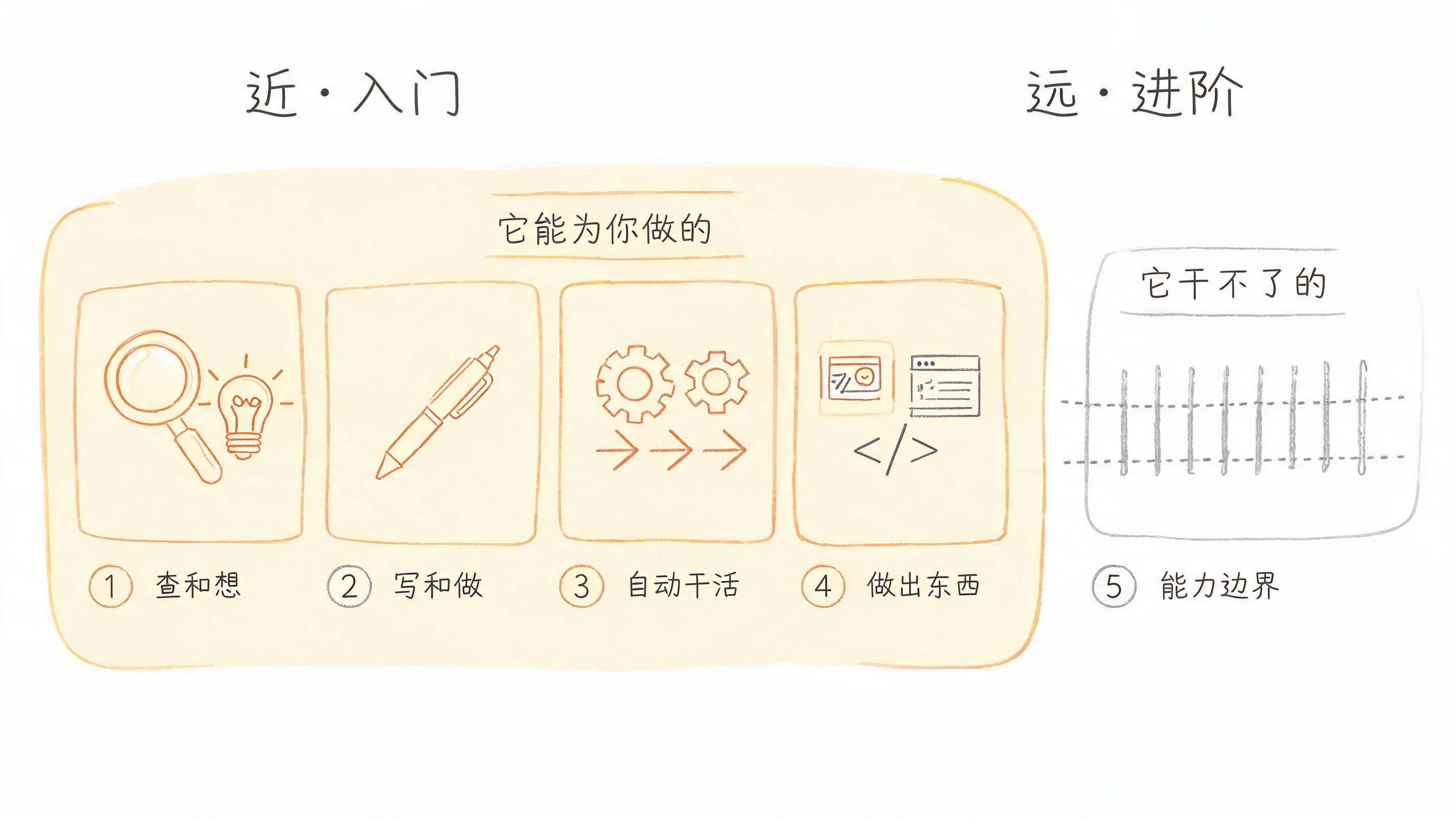图片展示了AI能为你做的5大类内容,分为近·入门和远·进阶两部分。近·入门包括查和想(①)、写和做(②)、自动干活(③)、做出东西(④);远·进阶是能力边界(⑤)。查和想对应放大镜和灯泡图标,写和做对应笔和纸图标,自动干活对应齿轮图标,做出东西对应代码图标。该图与上下文紧密相关,直观呈现了AI功能的全貌,帮助读者快速理解AI能做的事情。