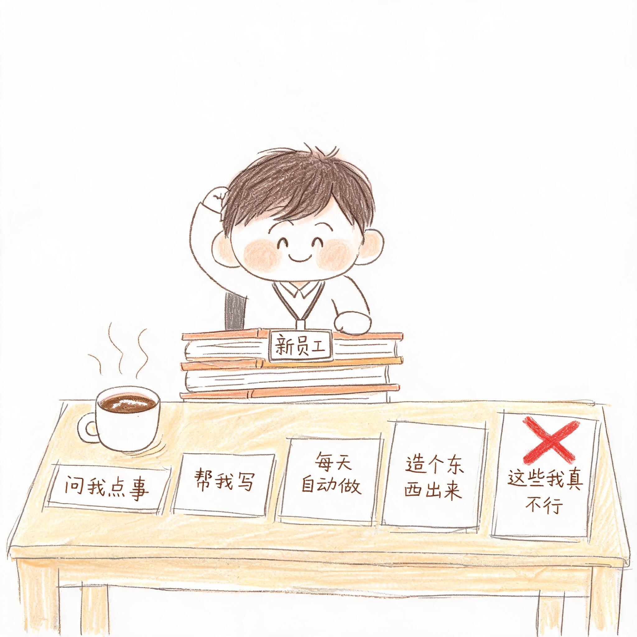 图片展示了一位卡通人物坐在桌子后面,桌上放着写着“新员工”的书本,旁边有四个标签,分别是“问我点事”“帮我写”“每天自动做”“造个东西出来”,其中“造个东西出来”标签被红色叉号标记。该图片与文档中介绍AI能力的内容相关,形象地说明了AI能力从简单回答问题到完成复杂任务的逐步提升过程,对应文档中“能力边界”部分,直观呈现了AI能力的进阶台阶。