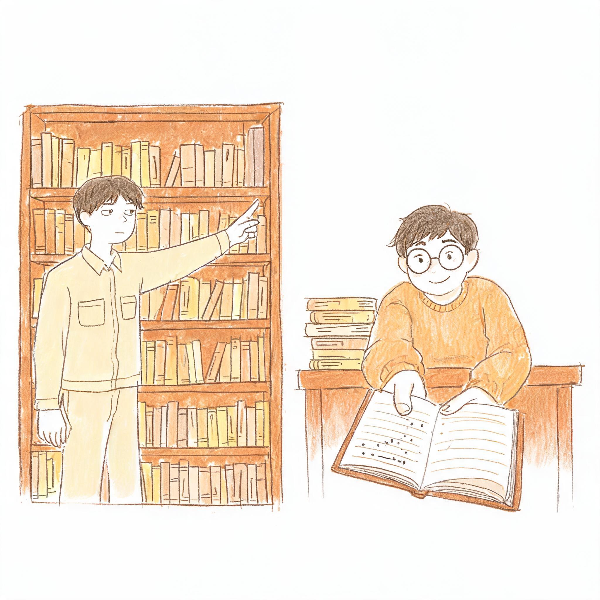 图片展示了两个人物在图书馆的场景。左侧人物穿着浅色衣服,手指向书架,书架上摆满了书籍。右侧人物戴着眼镜,穿着棕色毛衣,坐在桌前,手中拿着一本打开的书。此图与上下文紧密相关,通过形象描绘图书管理员和研究员在图书馆的不同角色,图书管理员负责指路,而研究员则会将相关书籍全读完并给出答案,直观呈现了上下文对图书管理员和研究员职责的描述。