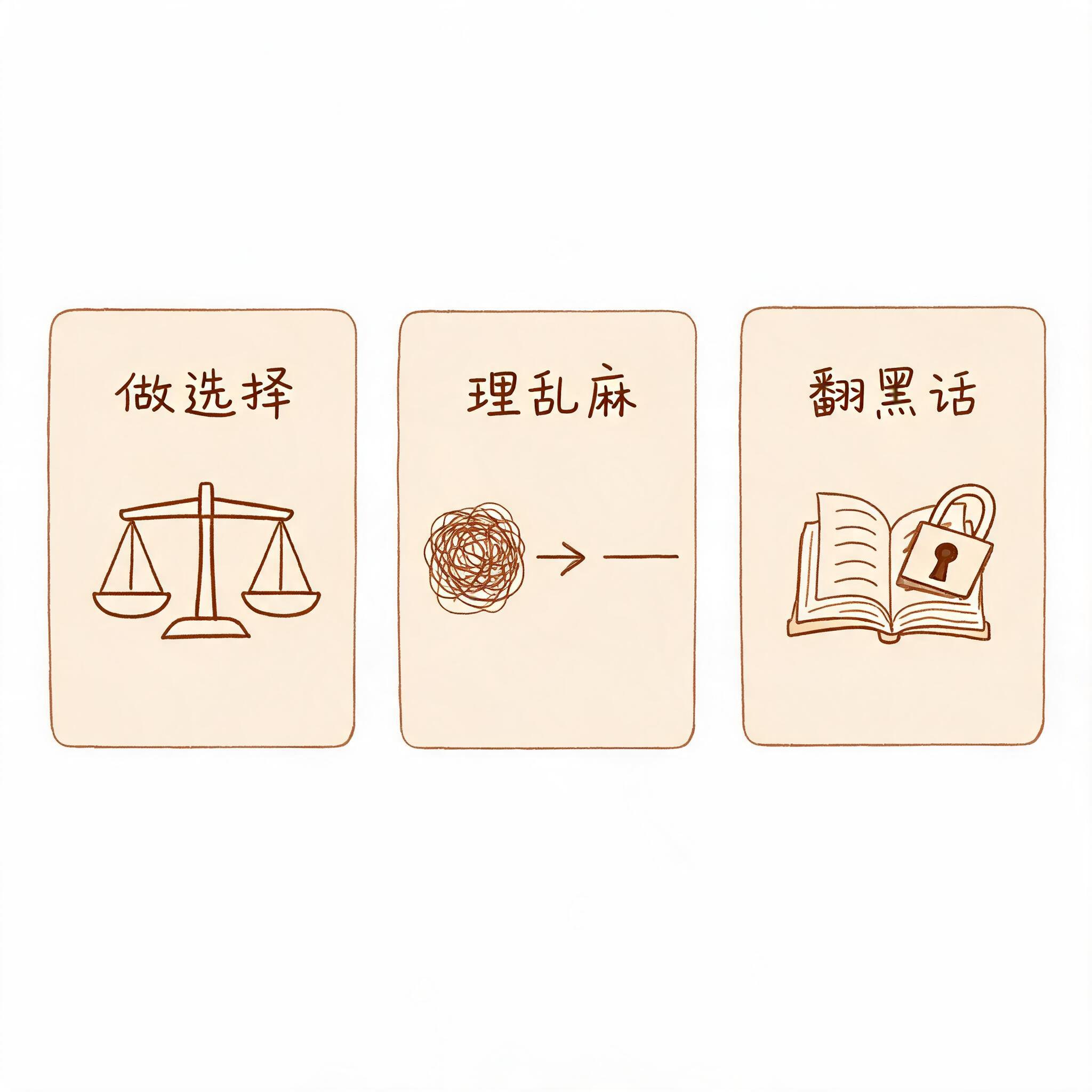 图片展示了三张卡片,分别对应“做选择”“理乱麻”“翻黑话”三种功能。左侧卡片上有天平图案,标注“做选择”;中间卡片有乱麻图案,标注“理乱麻”;右侧卡片有书本和锁图案,标注“翻黑话”。这些卡片与文档中介绍的“它”(指AI助手)的功能相呼应,直观呈现了其帮助用户做选择、理清复杂事物、翻译专业术语的能力。