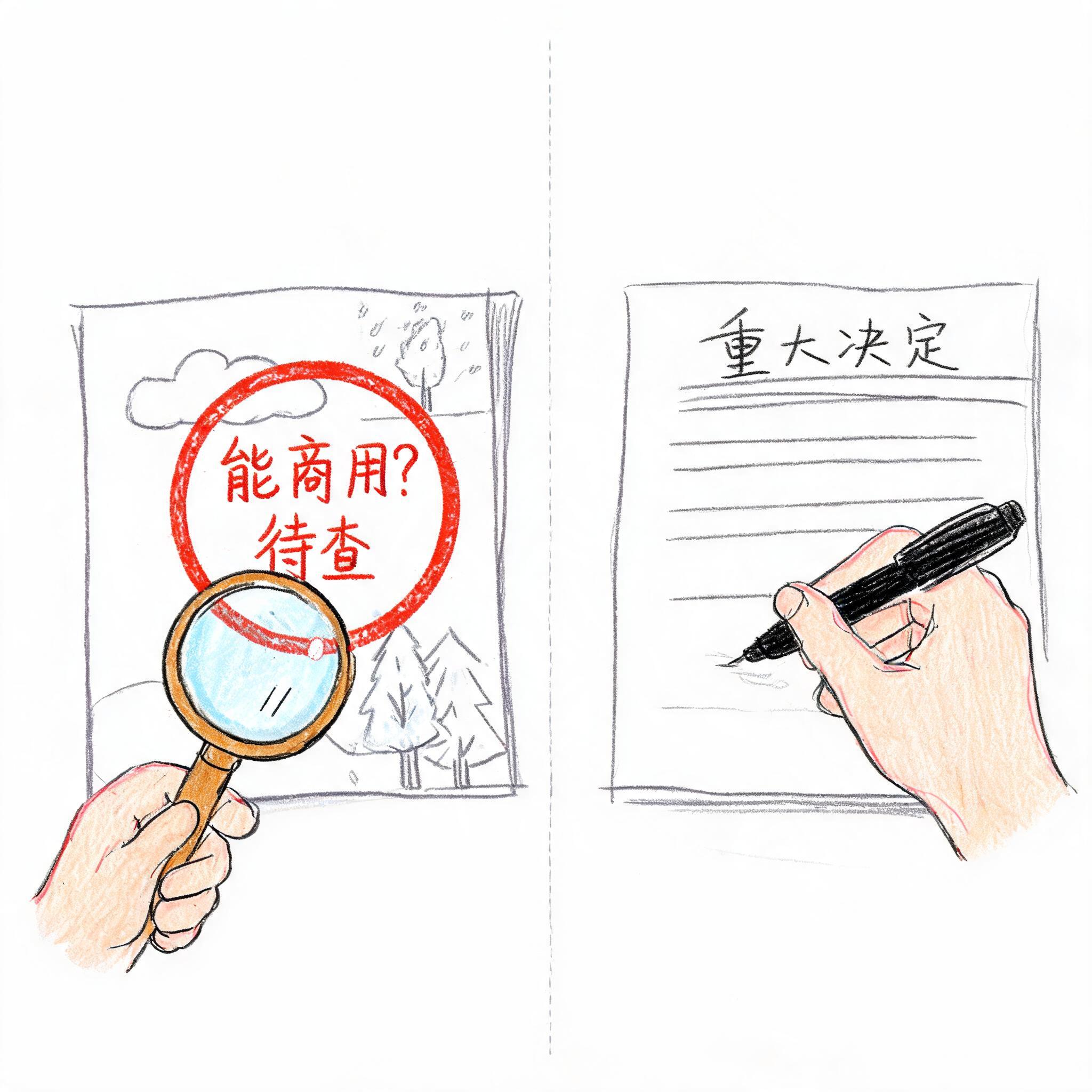 图片左侧一只手拿着放大镜,放大镜下是一张写有“能商用?待查”的纸,纸上有树木和云朵图案。右侧一只手拿着笔,纸上写着“重大决定”。这张图与上下文紧密相关,通过形象地展示对AI生成内容的审查(放大镜下的“待查”)和最终决策(“重大决定”)环节,直观地说明了AI虽可提供参考,但最终决定权在于使用者,使用者需对结果负责。