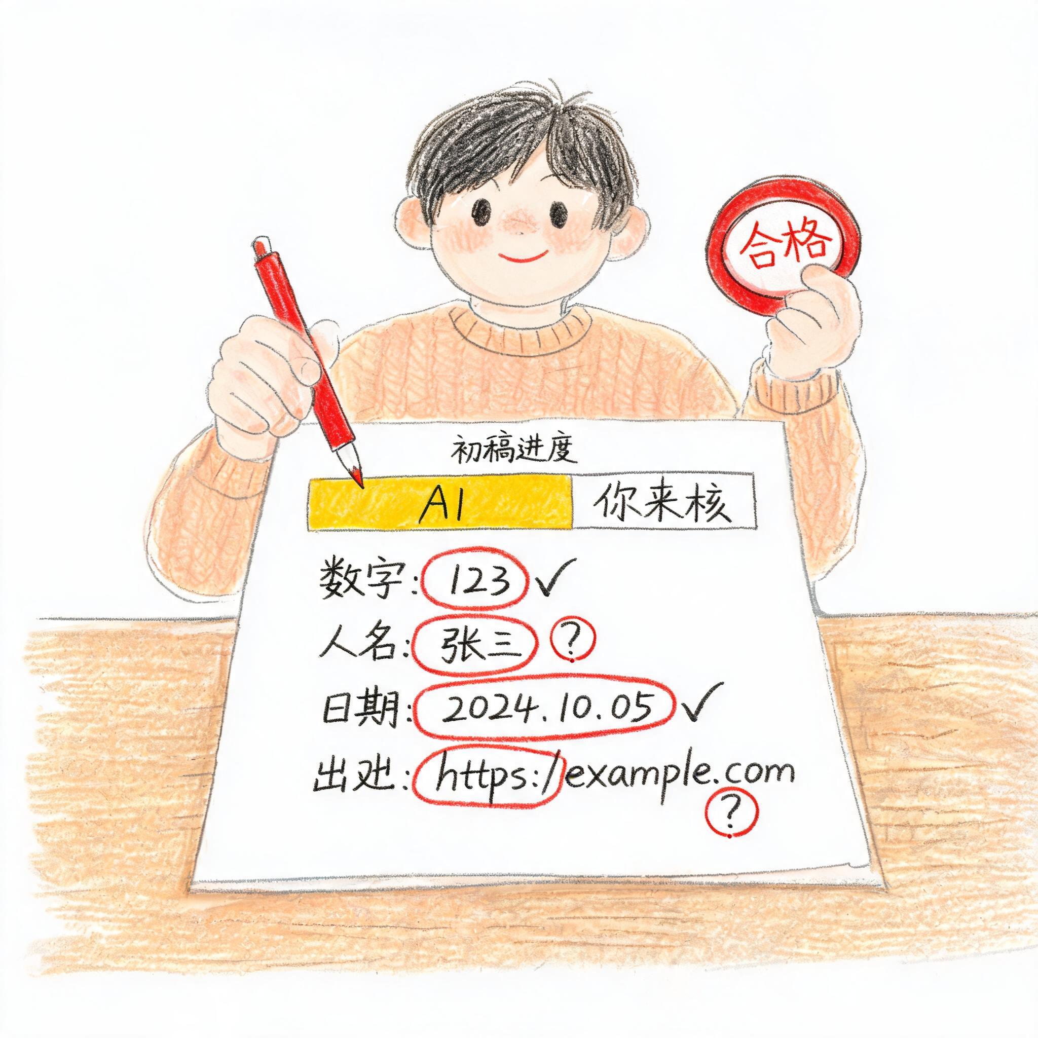 图片展示了一位拿着红笔和“合格”印章的男孩,面前是一张写着“初稿进度”的纸。纸上有“AI”“你来核”字样,以及数字“123”、人名“张三”、日期“2024.10.05”和网址“https://example.com”等内容,其中人名和网址被红圈标注。该图与文档中“验收AI产出”内容相关,直观呈现了AI产出需核对的关键信息,强调了对数字、人名、日期和出处等具体、对外、花钱内容的核对。