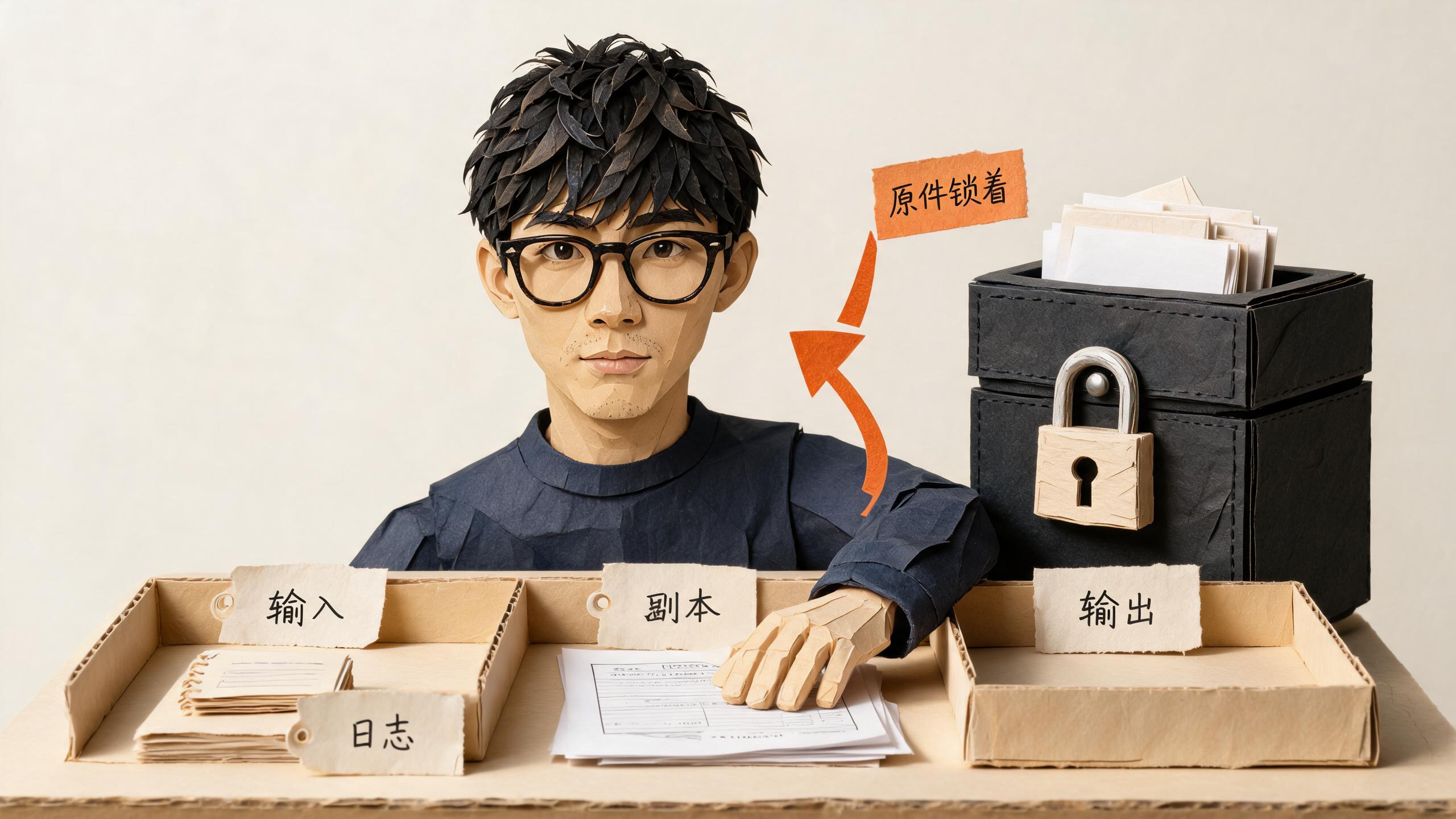 工作台上摊的是副本,原件锁在身后的盒子里