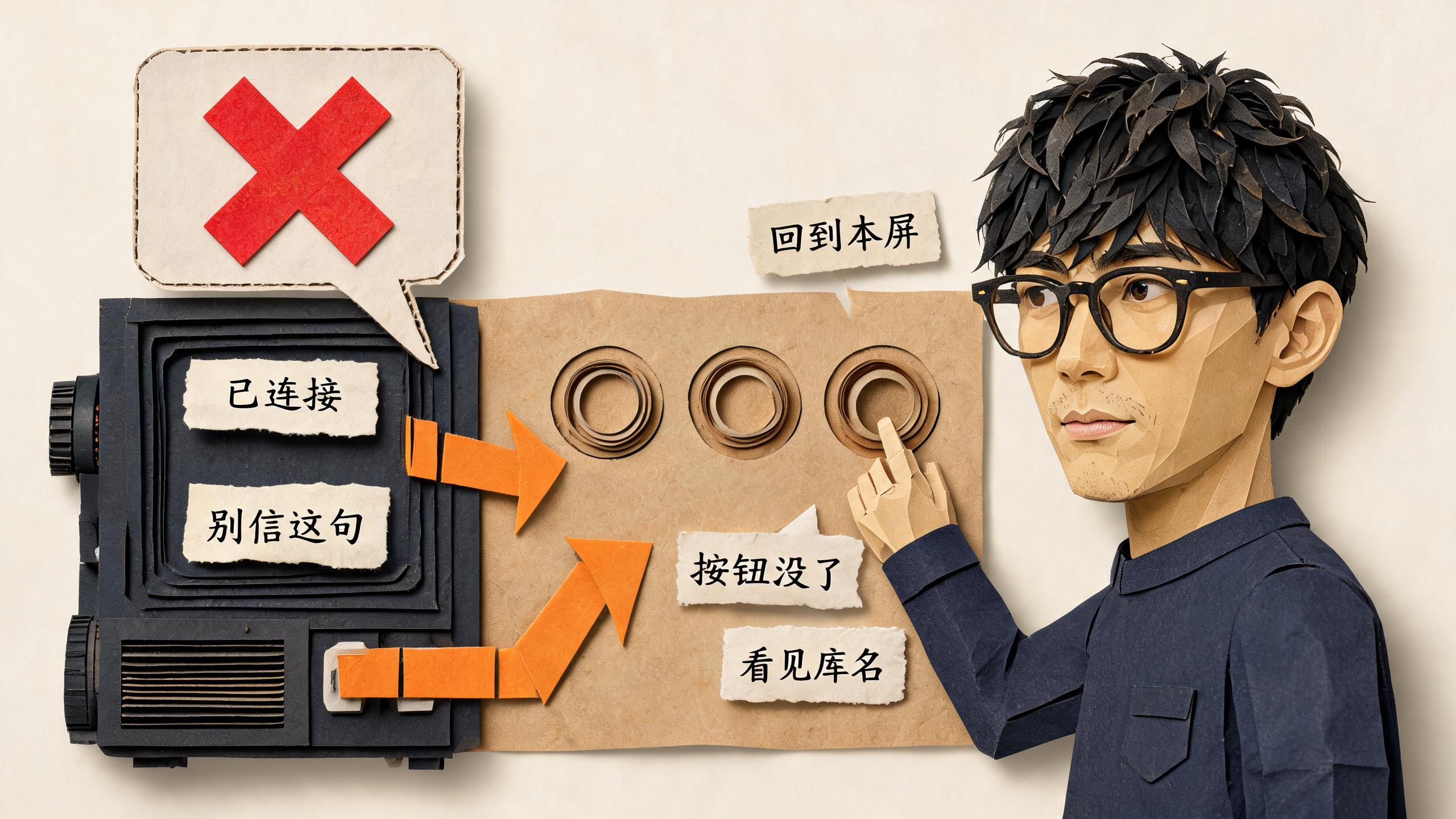 别信机器吐出来那句「已连接」,去看面板上的三处:回到本屏、按钮没了、看见库名