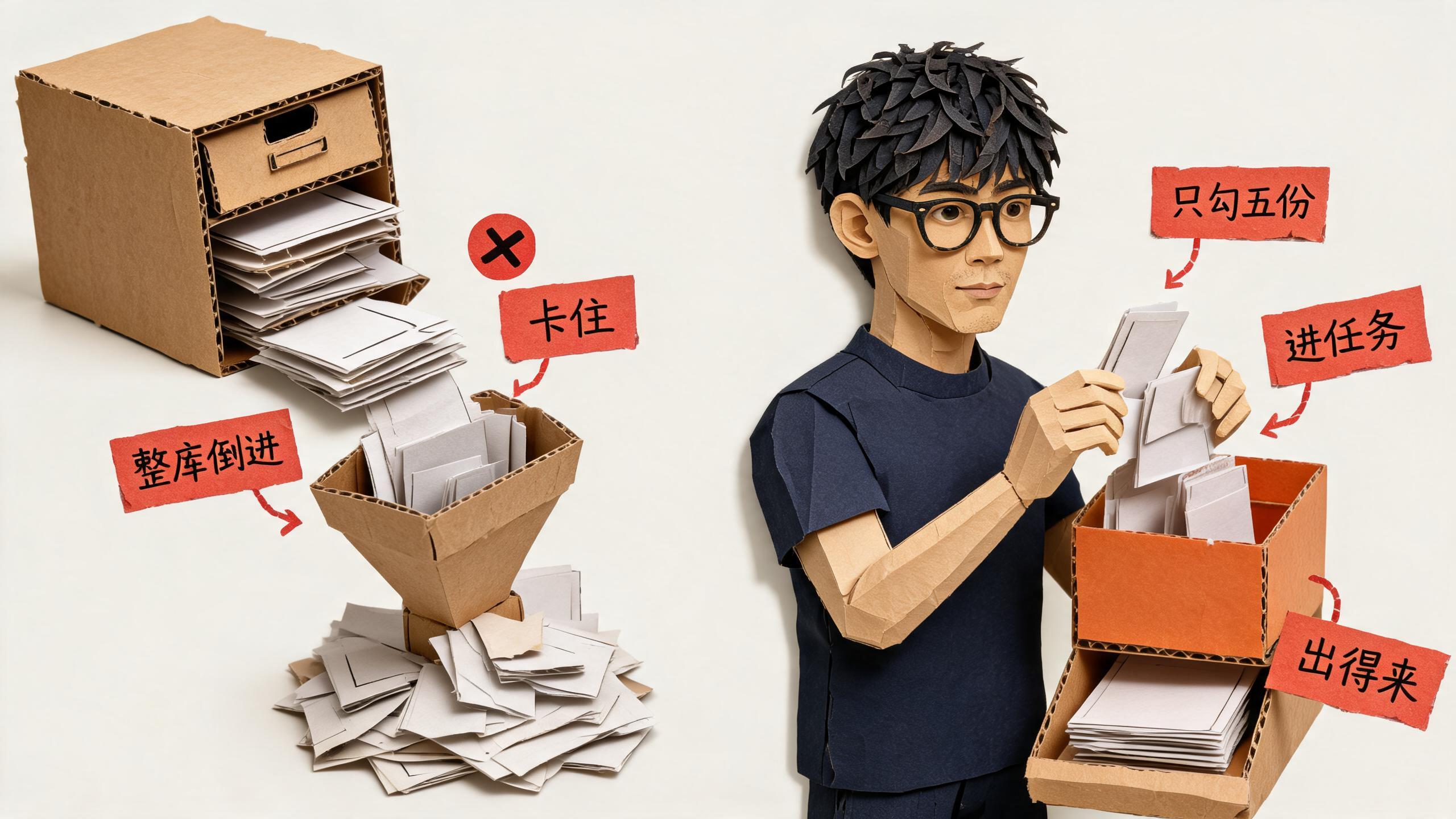 整柜倒进漏斗当场卡住;只勾这次要用的五份,才进得了任务、出得来东西