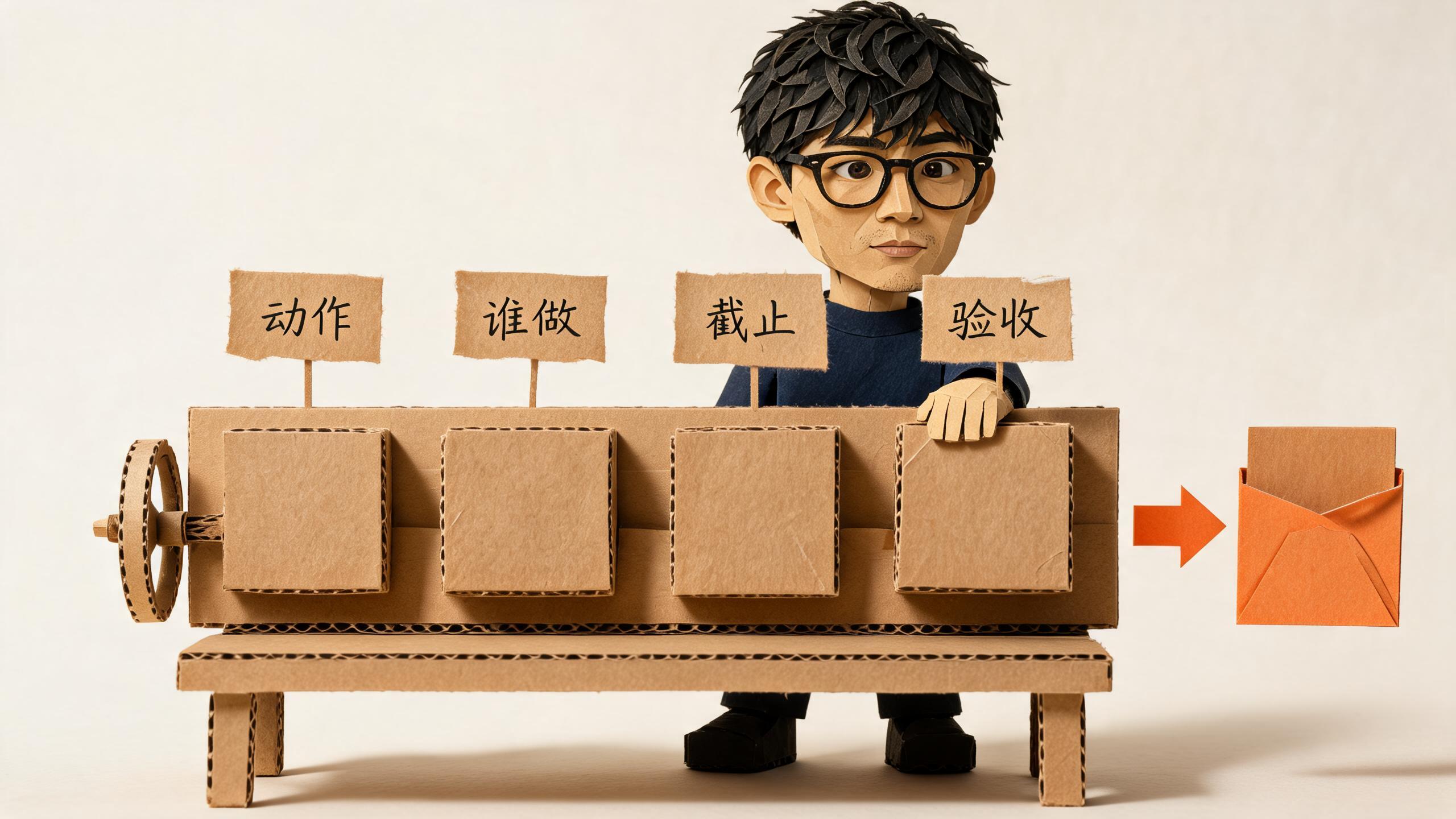 一条待办要四块都卡进槽才立得住:动作、谁做、截止、验收